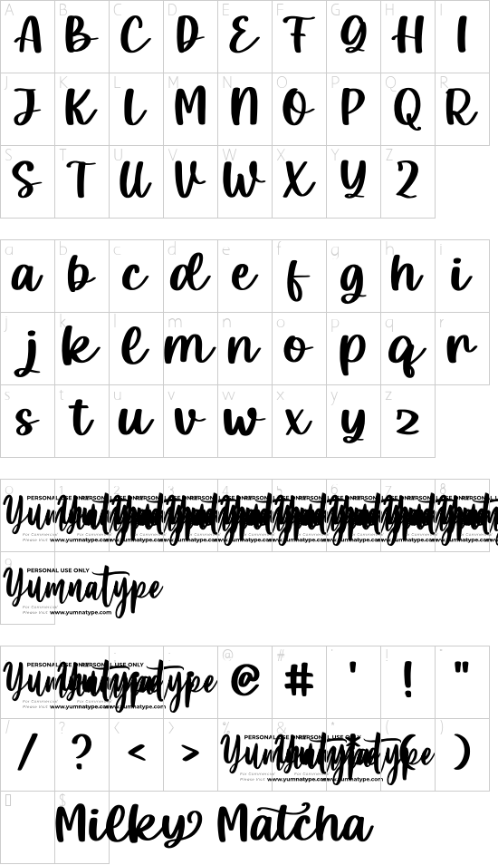 Milky Matcha Personal Use font character map