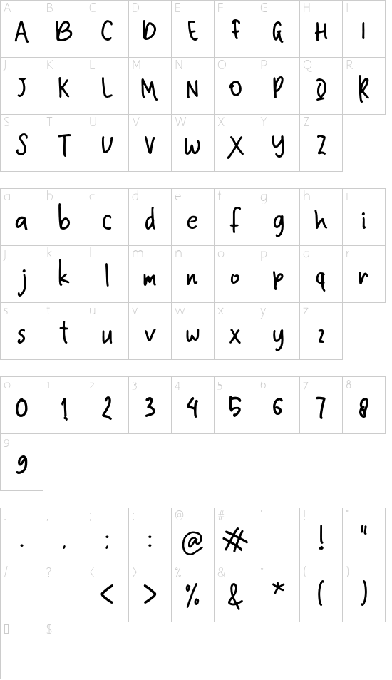 Nineteen Second font character map