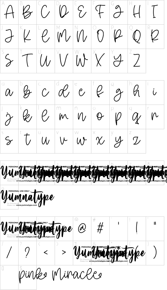 Pink Miracle Personal Use font character map