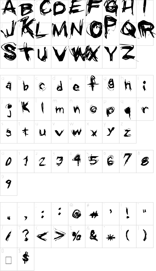 Grunge font character map