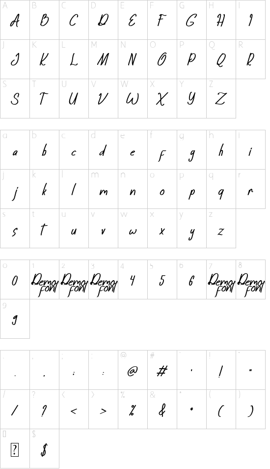 Sattine Italic font character map