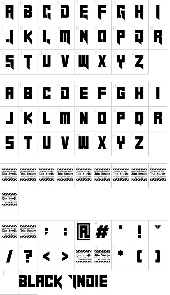 Black Indie Personal Use font character map