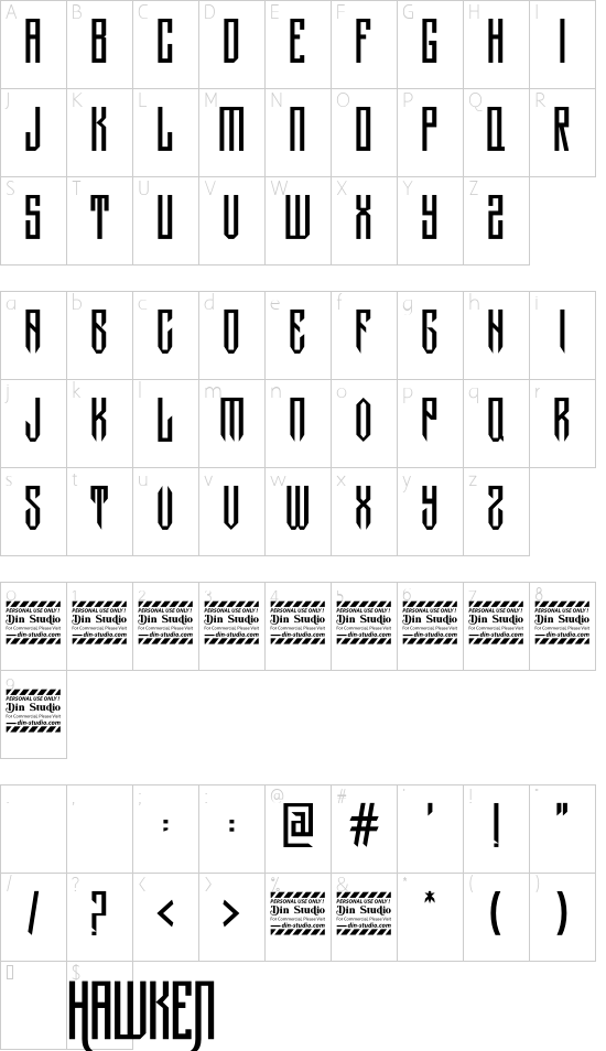 Hawken Personal Use font character map