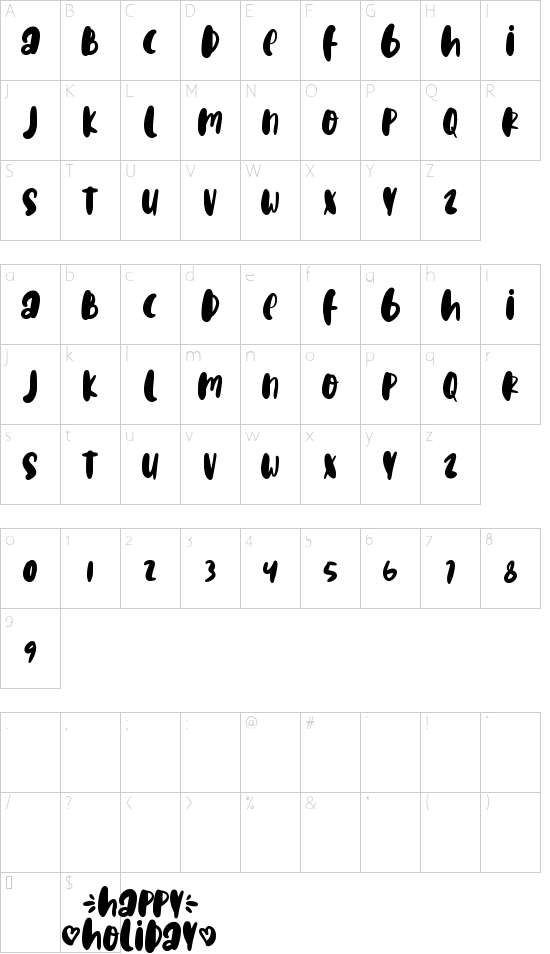 Happy Holiday font character map