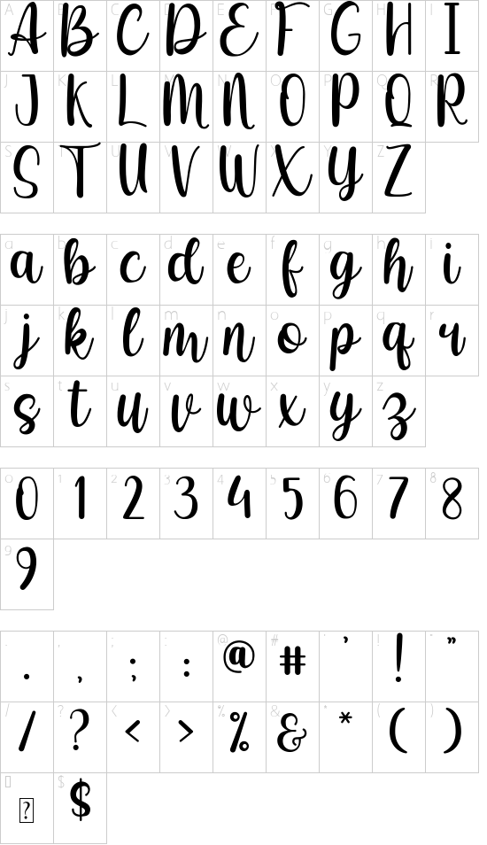Betharia Classy font character map