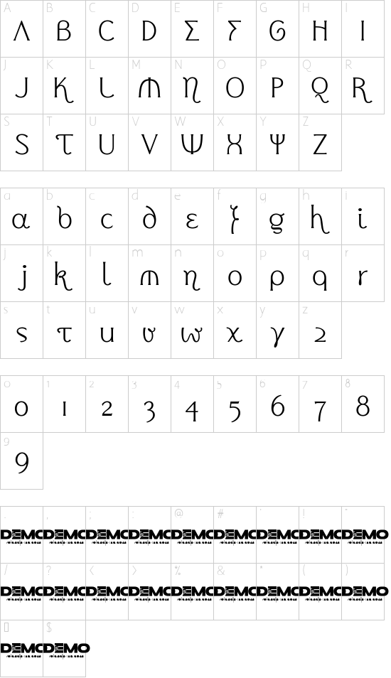 Delugional Demo Regular font character map