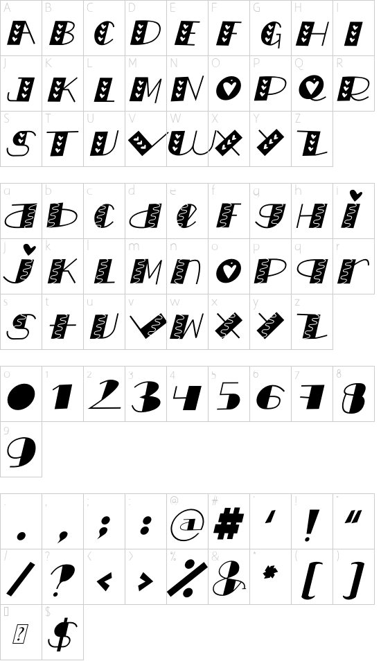 LOVE doly Italic font character map