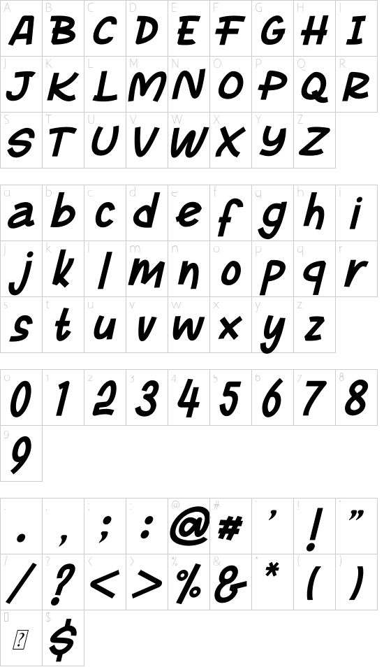 Rocky Monkey Italic font character map