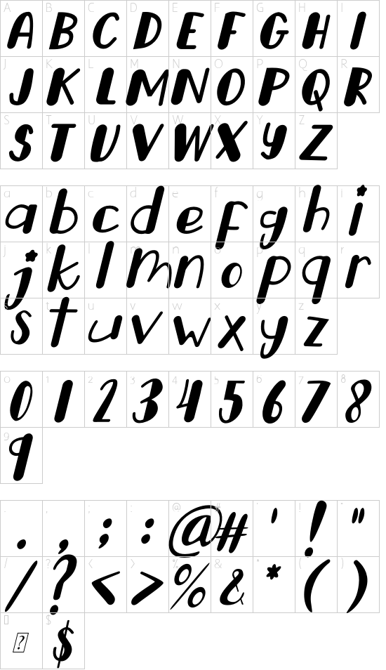 Happy Dogy Italic font character map