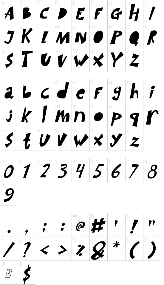 SIMBA KING Italic font character map