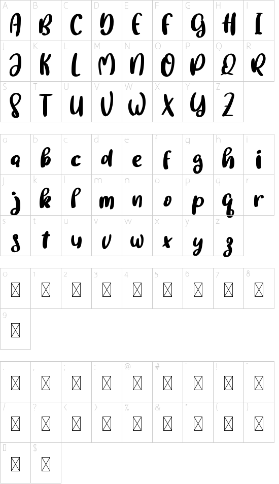 BrotherGlow Demo font character map
