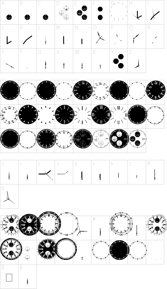 GA Clock Dial Round font character map