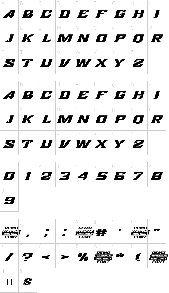 ROVER CLOXE DEMO font character map
