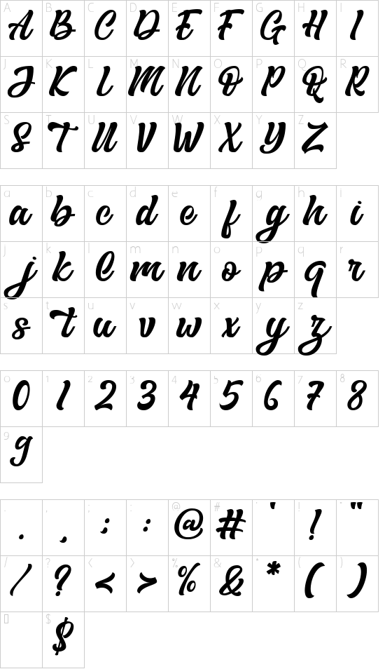 The Bride font character map