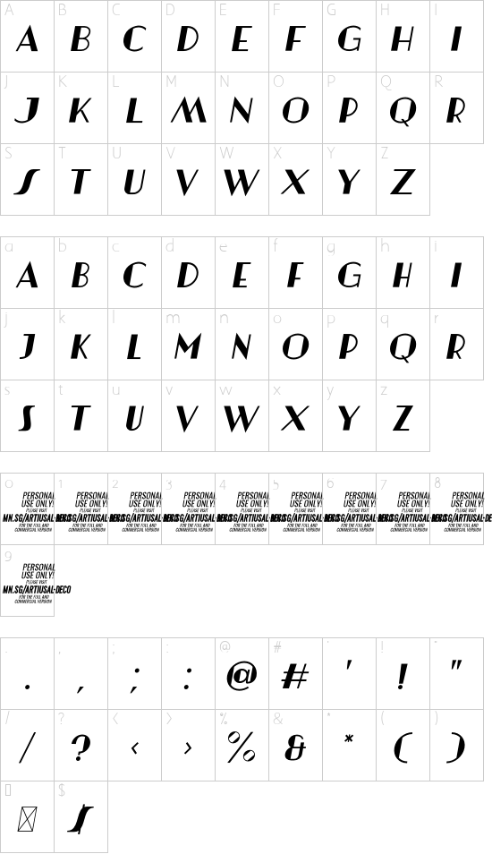 Artisual Deco Regular Italic PERSONAL USE ONLY PERSONAL USE ONLY font character map