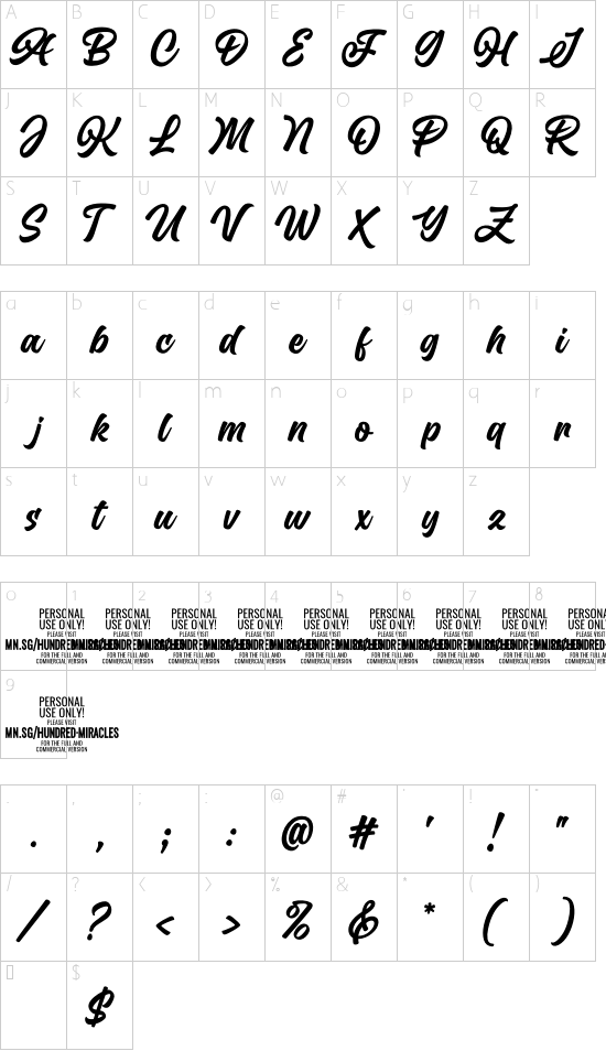 Hundred Miracles PERSONAL USE Plain font character map