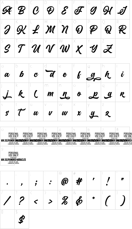 Hundred Miracles PERSONAL USE Regular font character map
