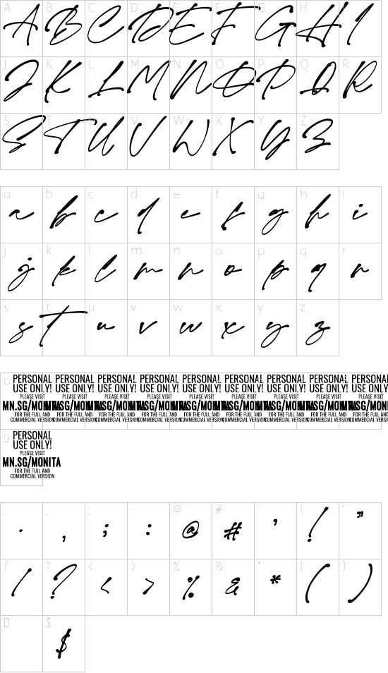 Monita Signature PERSONAL USE Bold Italic font character map