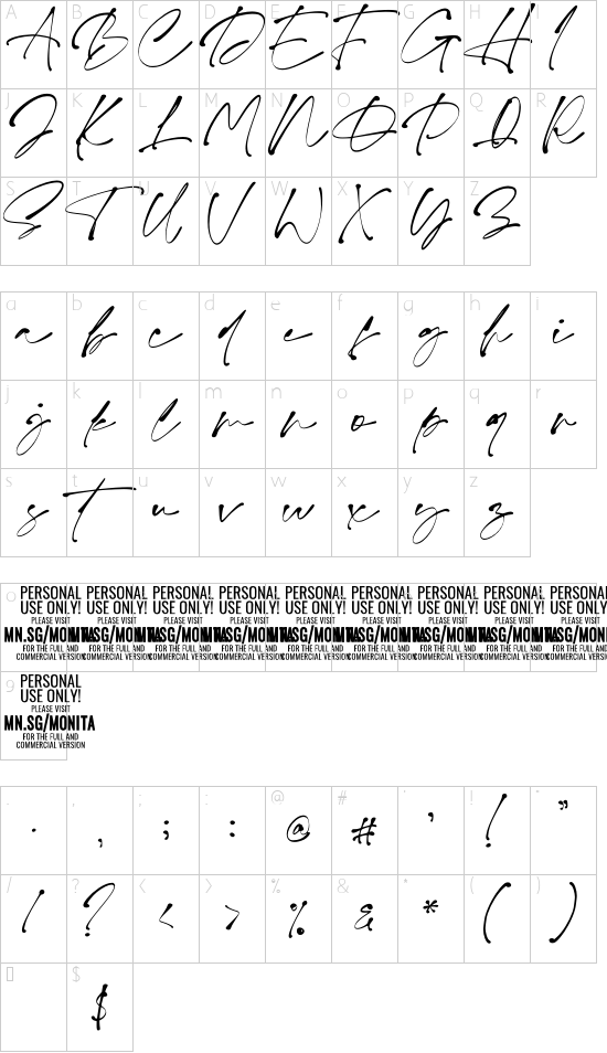 Monita Signature PERSONAL USE Regular font character map