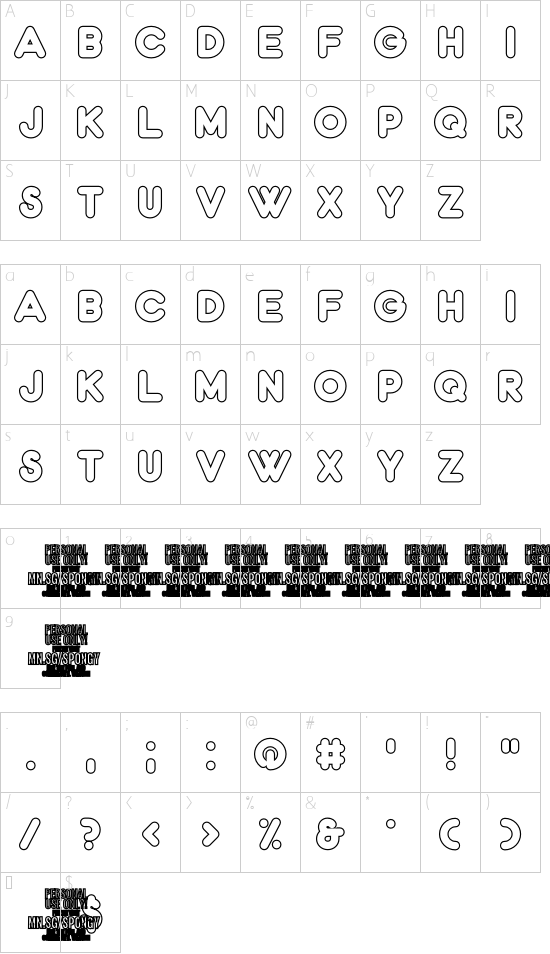 Spongy PERSONAL USE ONLY Outline font character map