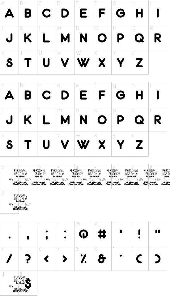 Spongy PERSONAL USE ONLY Thin font character map