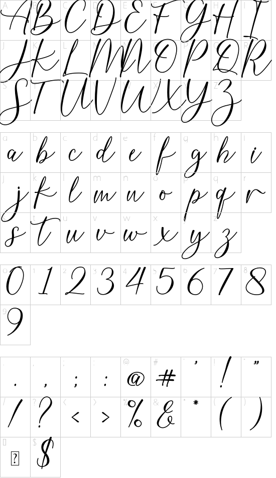 Burnette Demo font character map