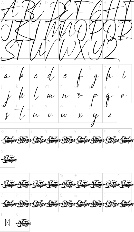 Columbia Hill Demo font character map