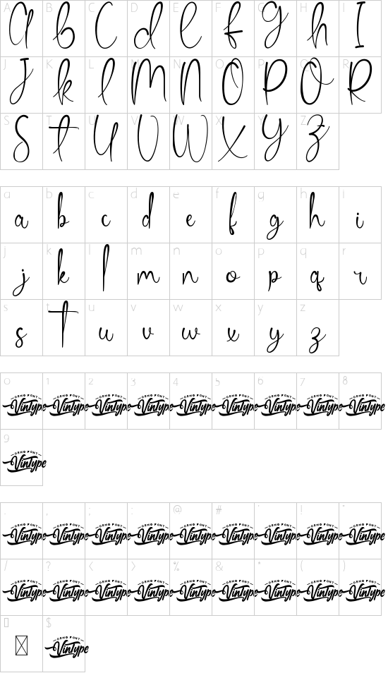 Fail In Love Demo font character map