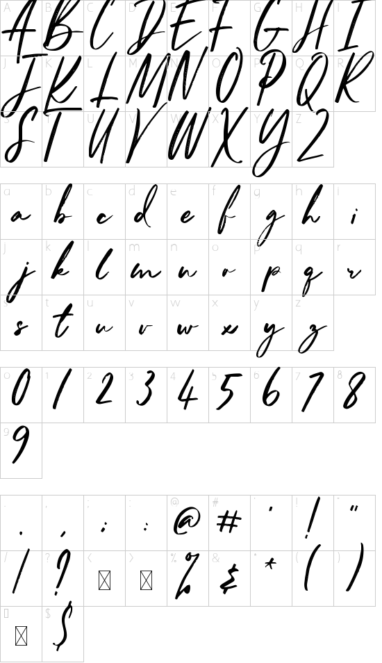 Hello Gorgeous Script font character map