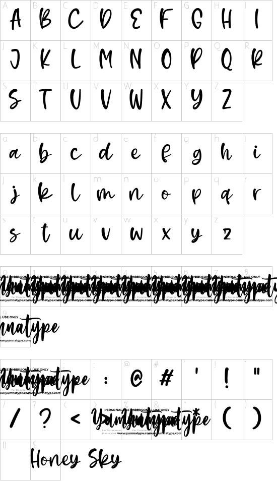 Honey Sky Personal Use font character map