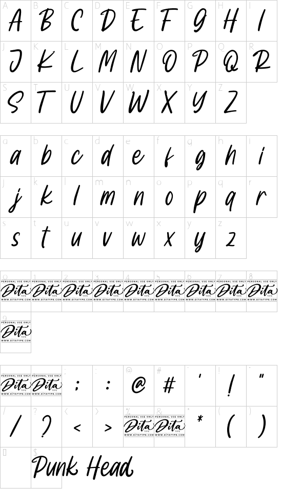 Punk Head Personal Use font character map