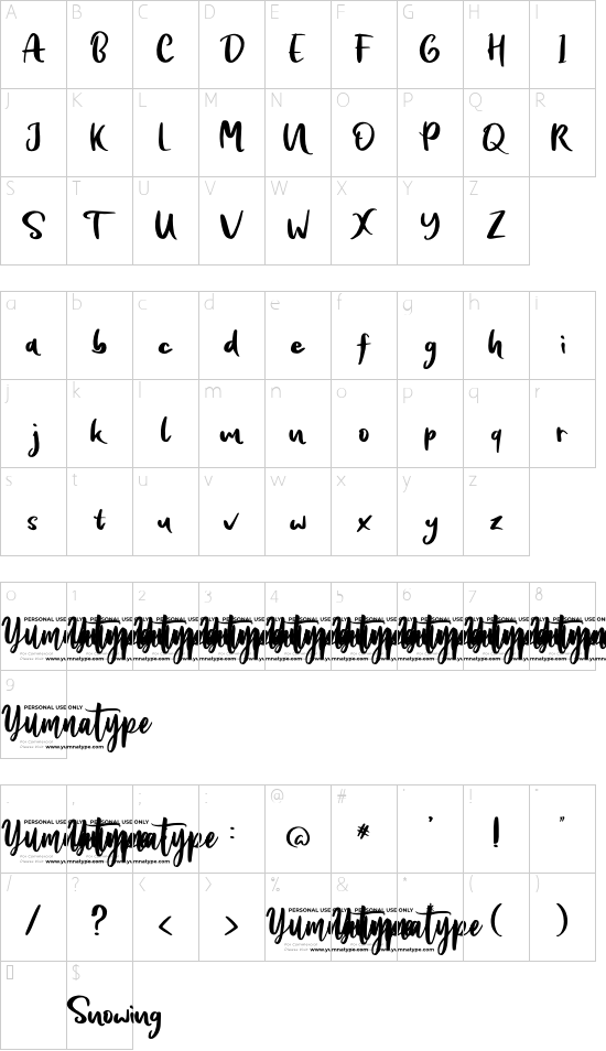 Snowing Personal Use font character map