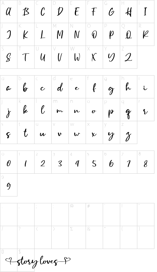 Story Loves font character map