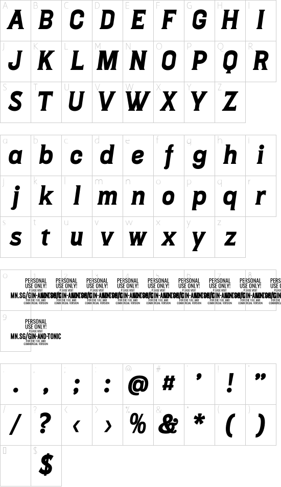 Gin And Tonic PERSONAL USE Italic font character map