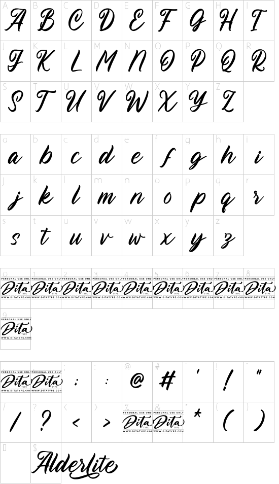 Alderlite Personal Use font character map