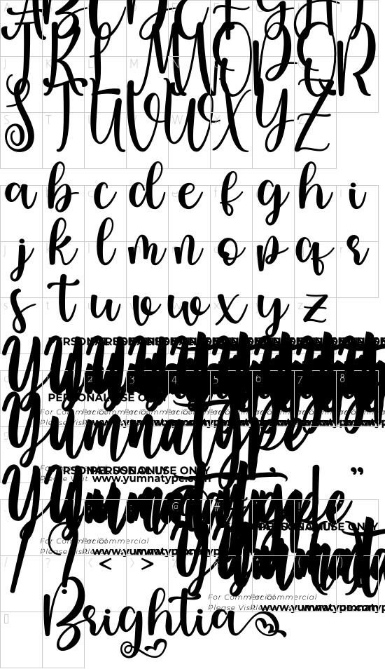 Brigtia Personal Use font character map