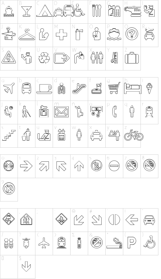 Travelcons font character map