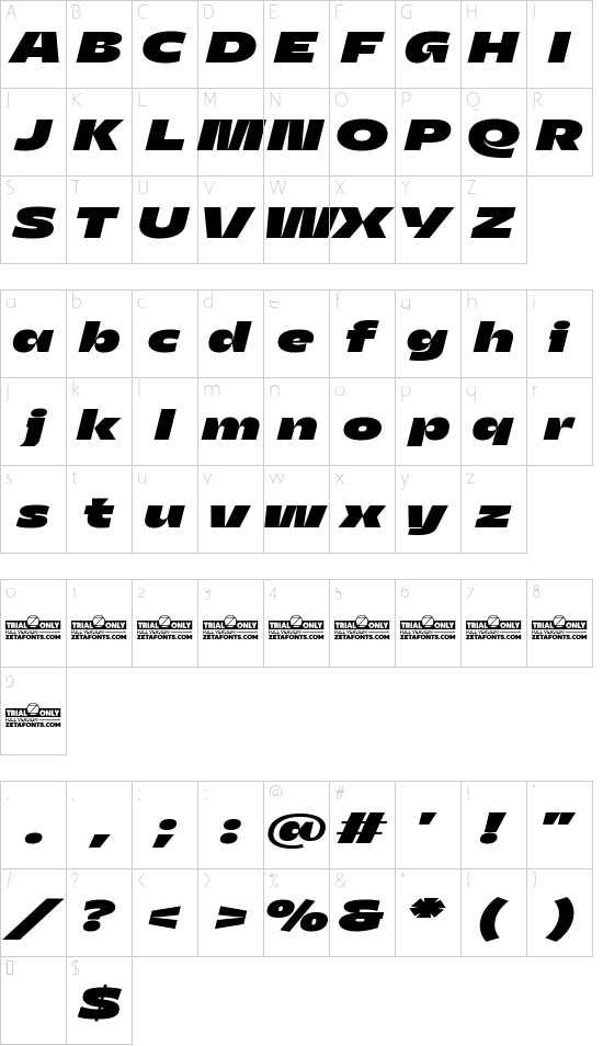 Asgard Trial Wide Fat Italic font character map