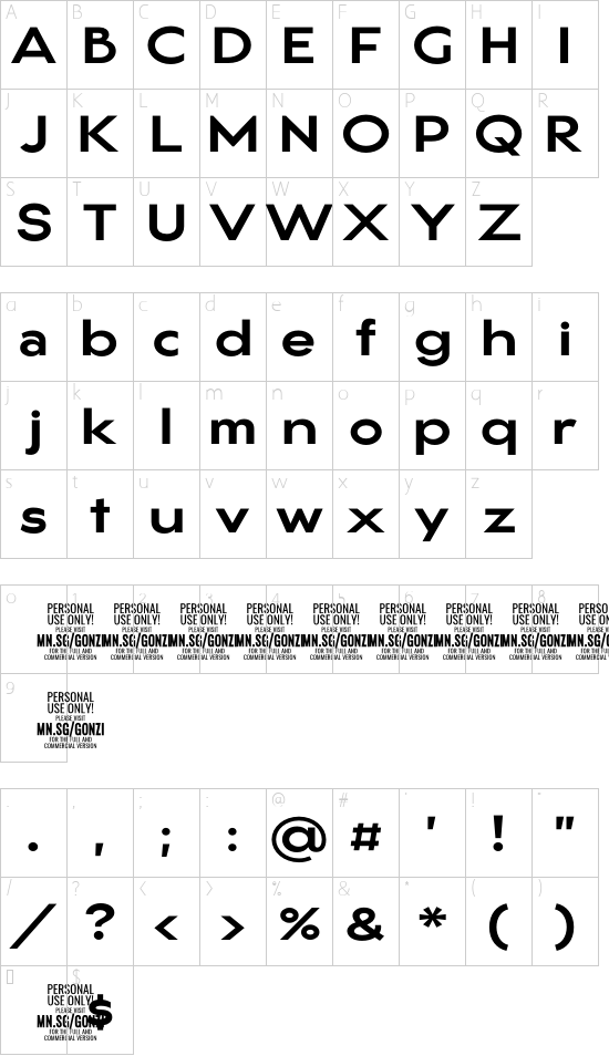 Gonzi Expanded PERSONAL USE Bold font character map