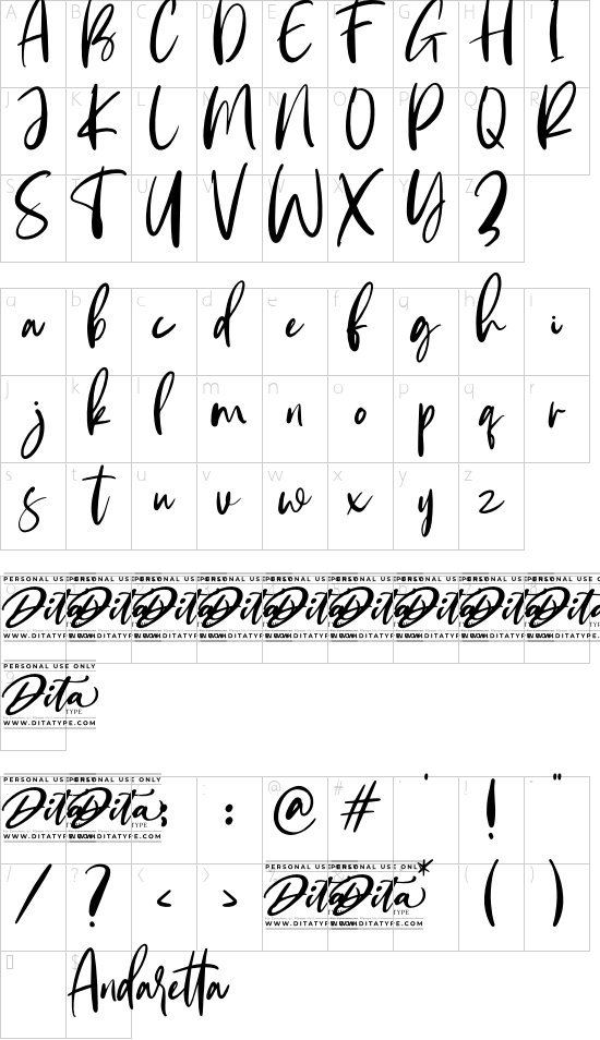 Andaretta Persona Use font character map