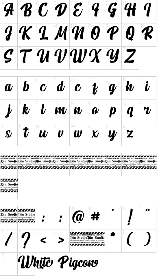 White Pigeon Personal Use font character map