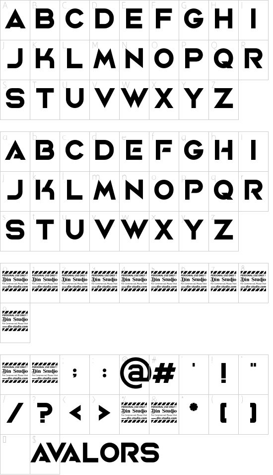 Avalors Personal Use font character map
