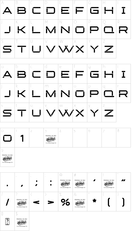 Broche Cut font character map