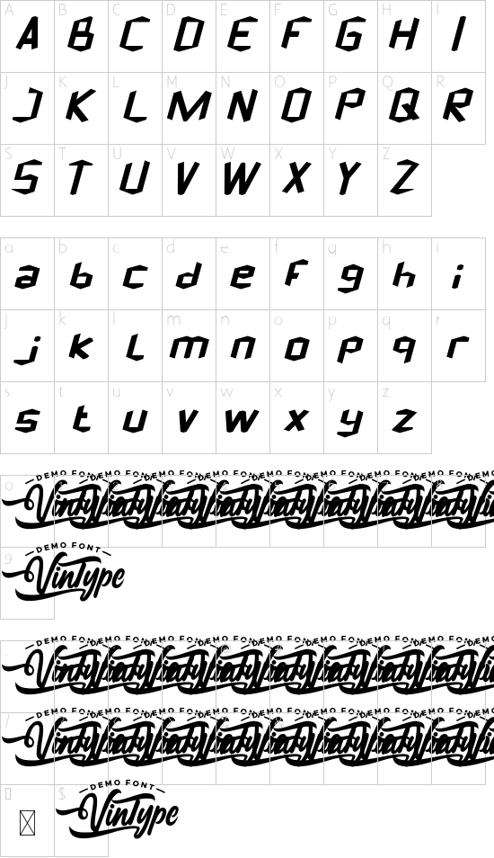 Cubical Demo Italic font character map