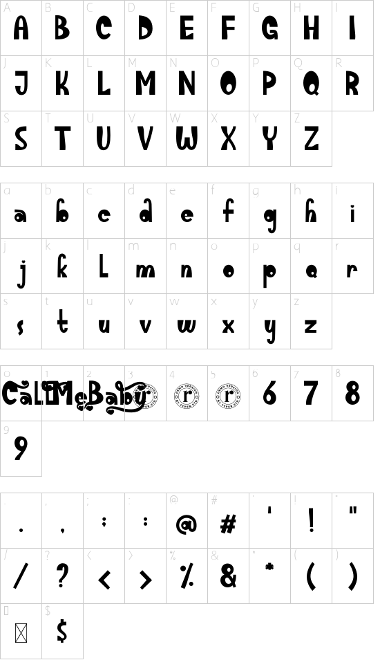 Call Me Baby font character map