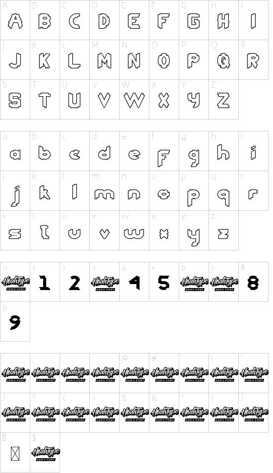 Head Kick Demo Outline font character map