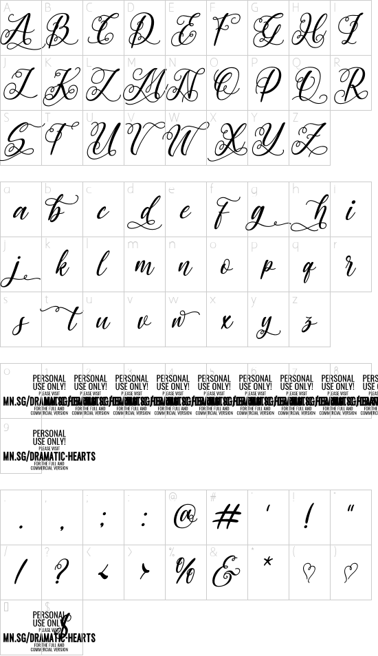 Dramatic Hearts Italic PERSONAL Italic font character map