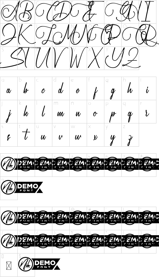 Honey Brook Demo font character map