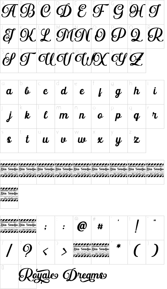 Royale Dreams Personal use font character map