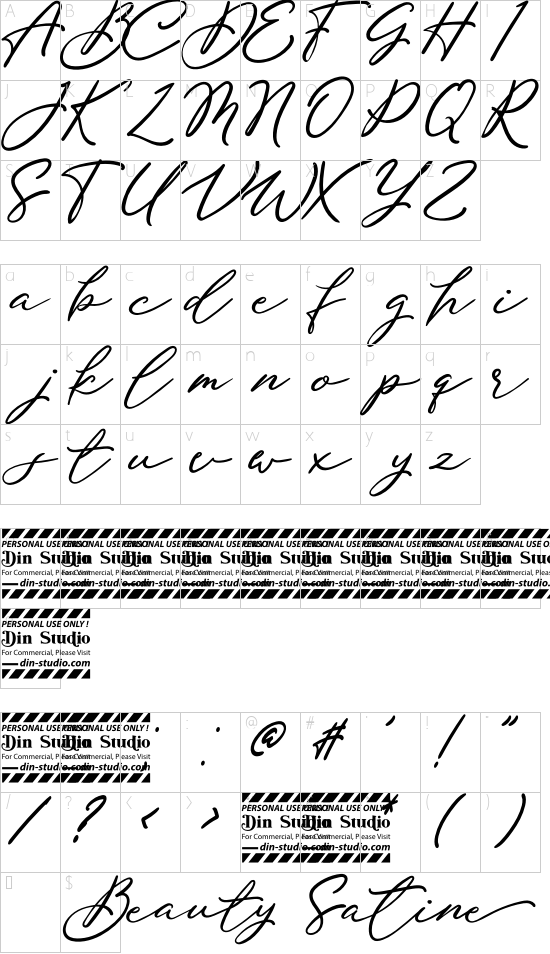 Beauty Satine Personal Use Font font character map